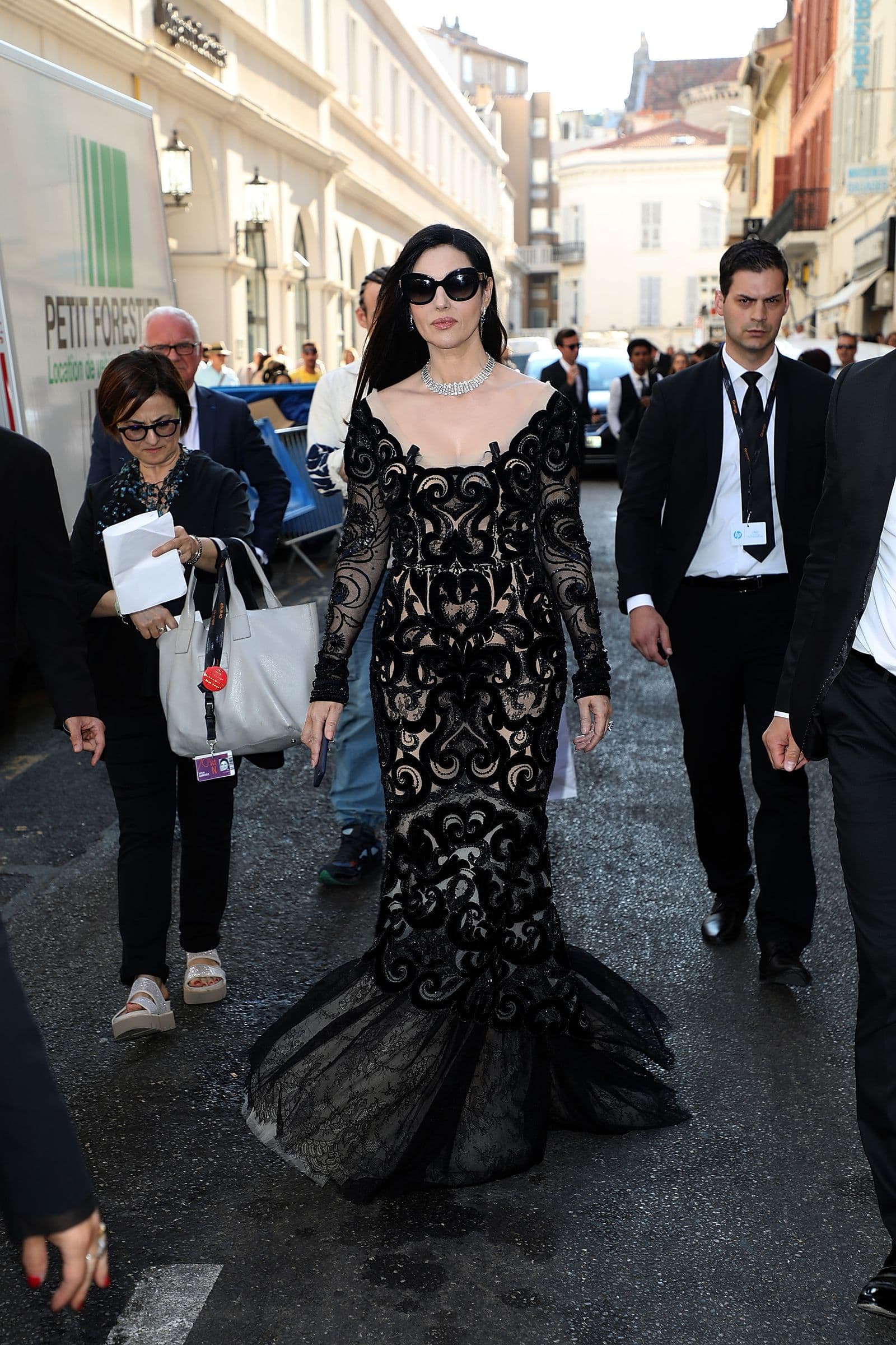 Monica Bellucci leaves the Hotel Majestic in Dolce & Gabbana during the 70th Cannes Film Festival.