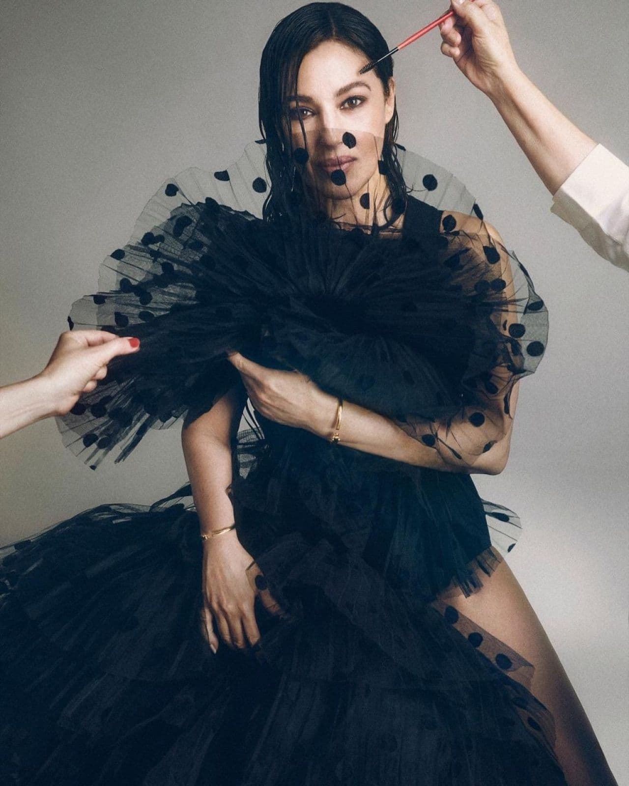 A striking black dress portrait from Monica Bellucci’s September 2023 Harper’s Bazaar Spain editorial.